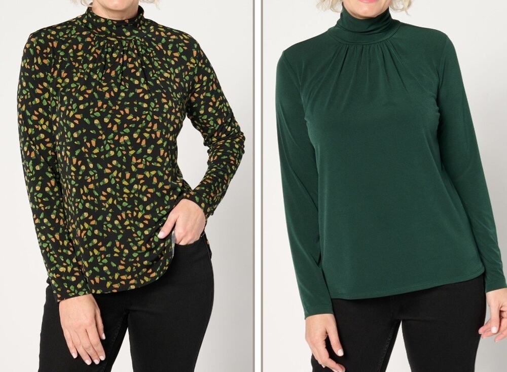 Susan Graver Lrg Emerald & Pine Set Of 2 Liquid Knit Mock Neck Tops A672472 NWOT